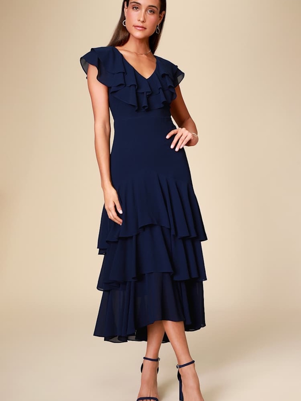 Lulus Betsey Navy Blue Ruffled Midi Dress NWT XS